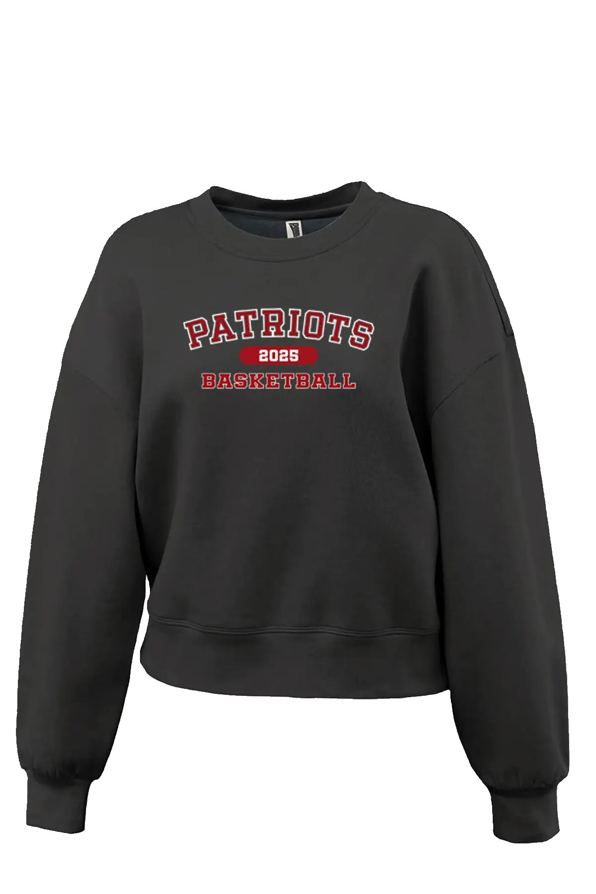 Black sweatshirt with 'Patriots Basketball 2023' text on a white background. Paper Street Print Co, Blairstown, NJ.