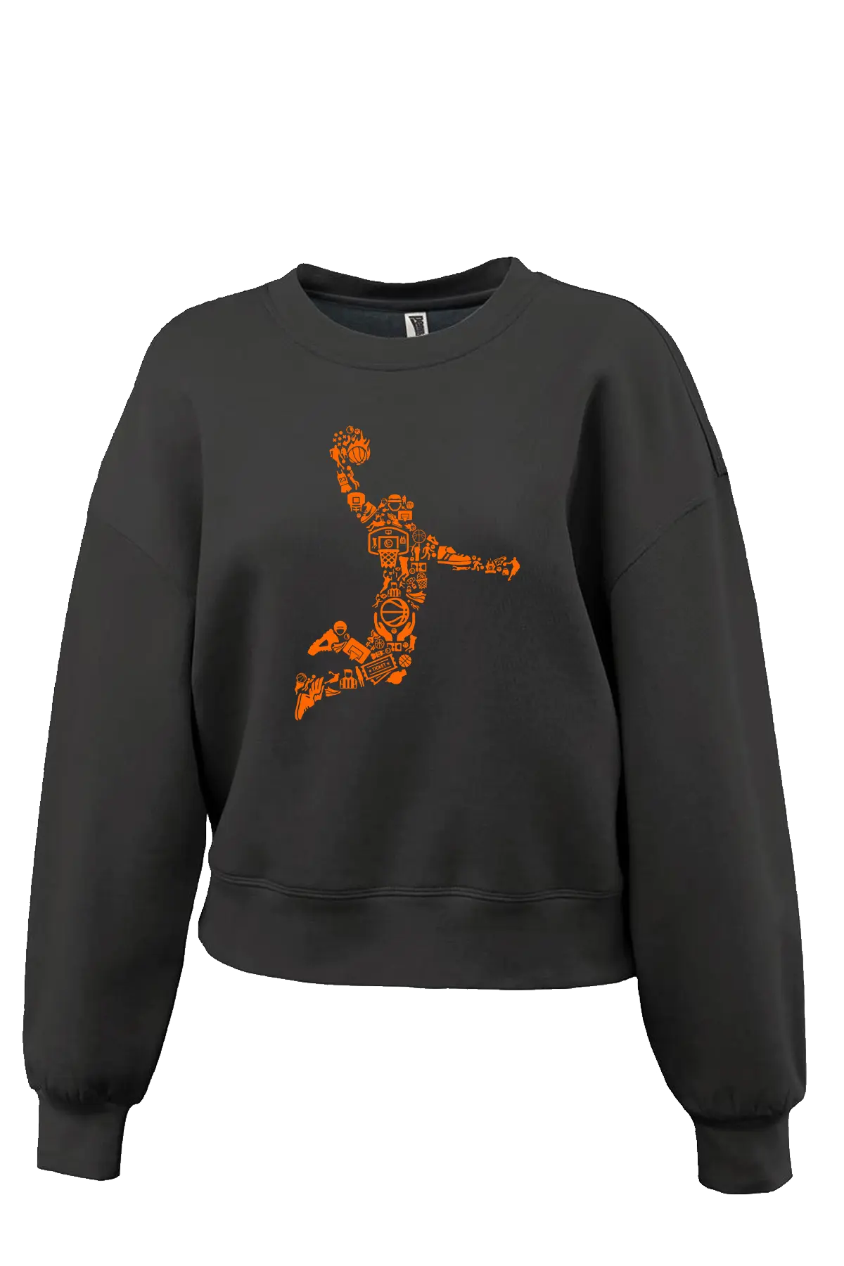 Black sweatshirt with orange graphic design on a white background. Paper Street Print Co, Blairstown, NJ.