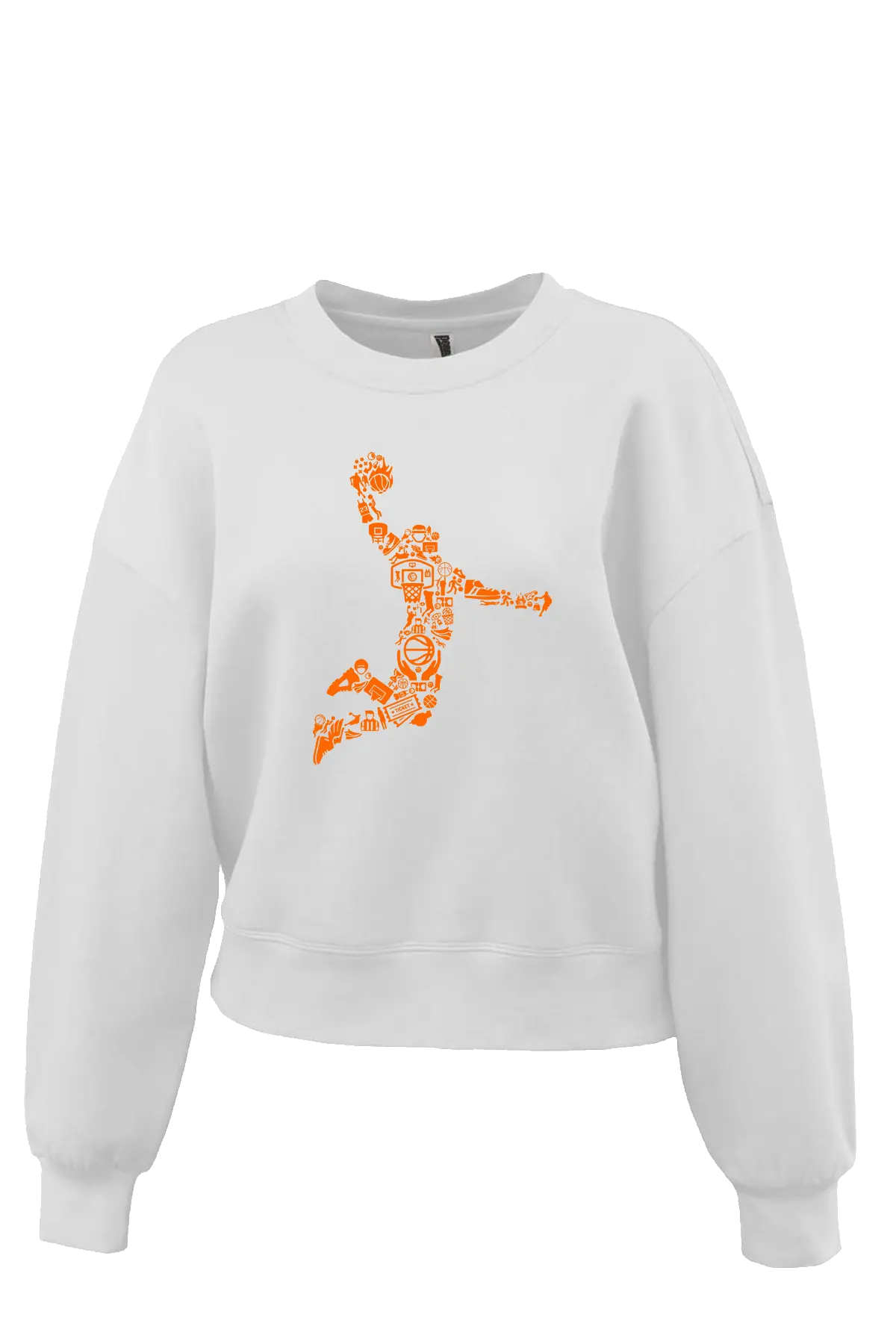 White sweatshirt with orange graphic design on a white background. Paper Street Print Co, Blairstown, NJ.
