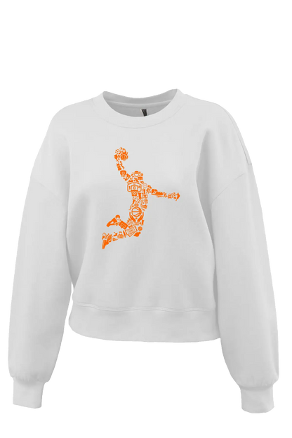 White sweatshirt with orange graphic design on a white background. Paper Street Print Co, Blairstown, NJ.