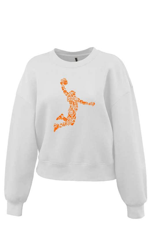 White sweatshirt with orange graphic design on a white background. Paper Street Print Co, Blairstown, NJ.