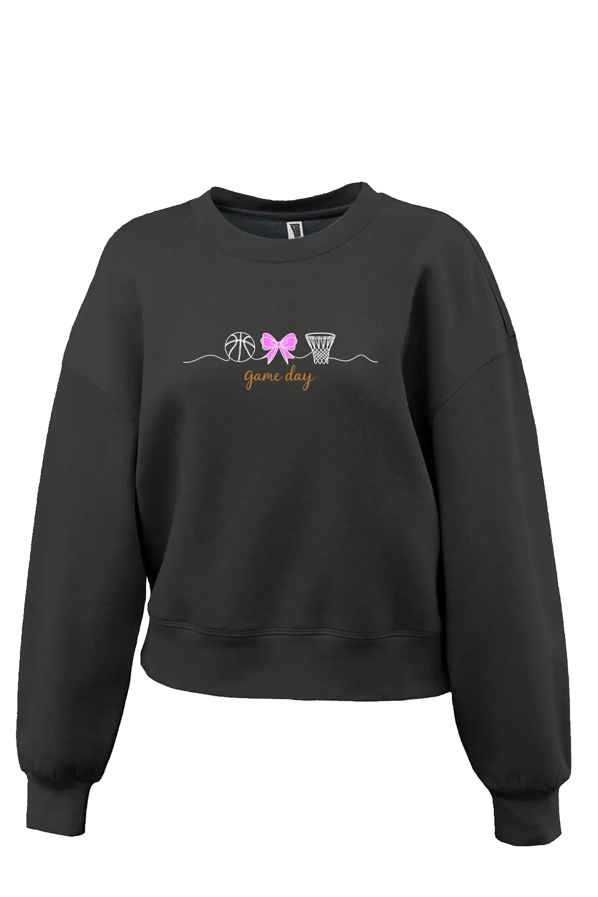 Black sweatshirt with sports-themed design and 'game day' text on a white background. Paper Street Print Co, Blairstown, NJ.