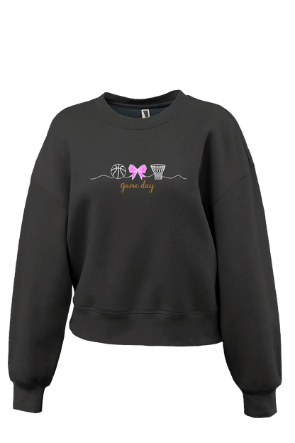 Black sweatshirt with sports-themed design and 'game day' text on a white background. Paper Street Print Co, Blairstown, NJ.