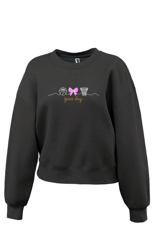 Black sweatshirt with sports-themed design and 'game day' text on a white background. Paper Street Print Co, Blairstown, NJ.
