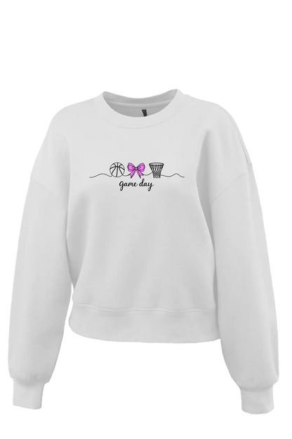 White sweatshirt with graphic design on a white background. Paper Street Print Co, Blairstown, NJ.