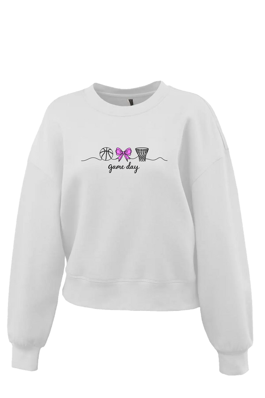 White sweatshirt with graphic design on a white background. Paper Street Print Co, Blairstown, NJ.