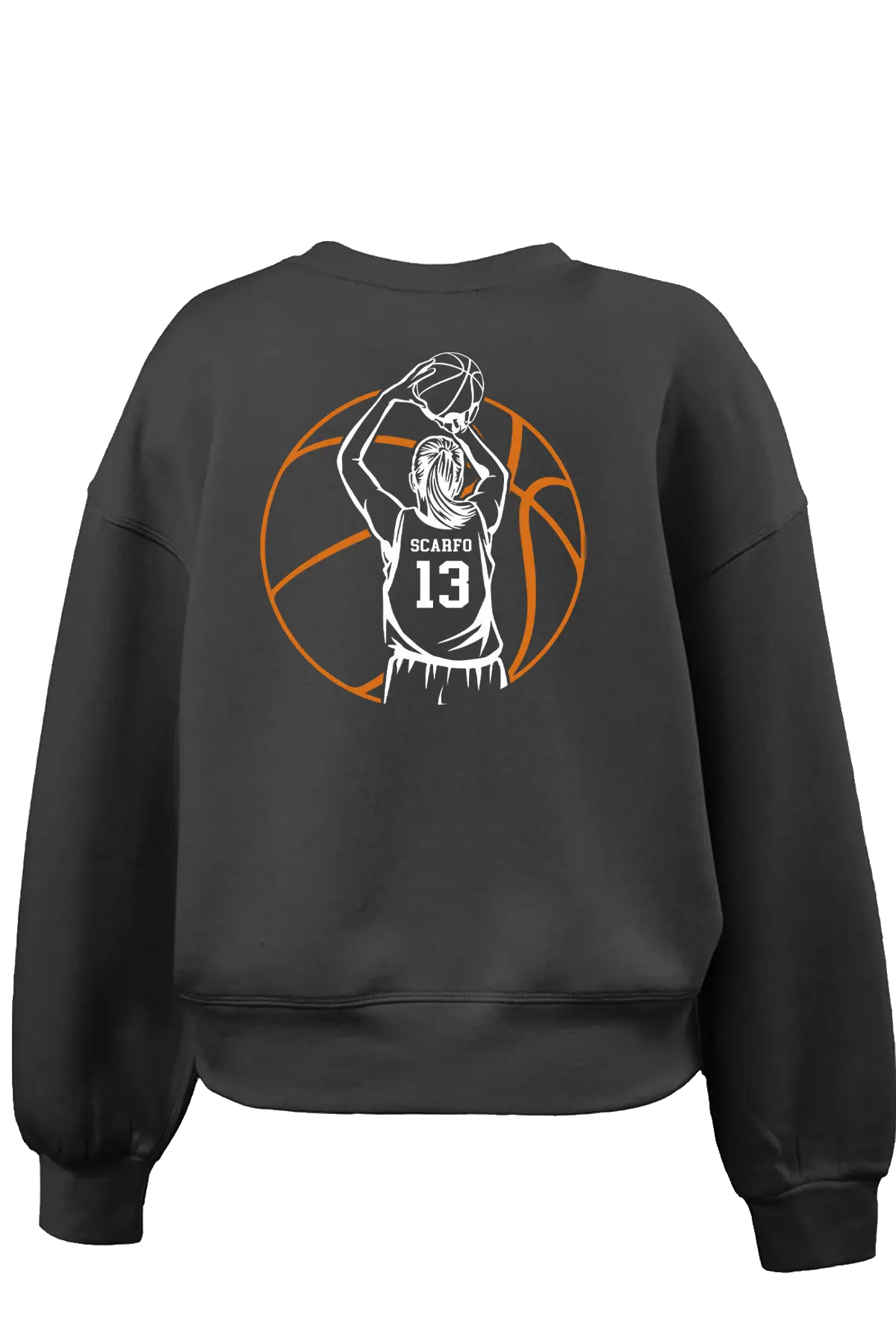 Black sweatshirt with a basketball player graphic on the back against a white background. Paper Street Print Co, Blairstown, NJ.