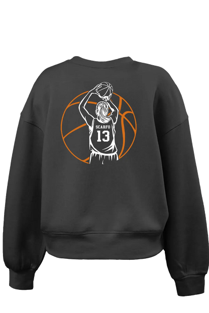 Black sweatshirt with a basketball player graphic on the back against a white background. Paper Street Print Co, Blairstown, NJ.