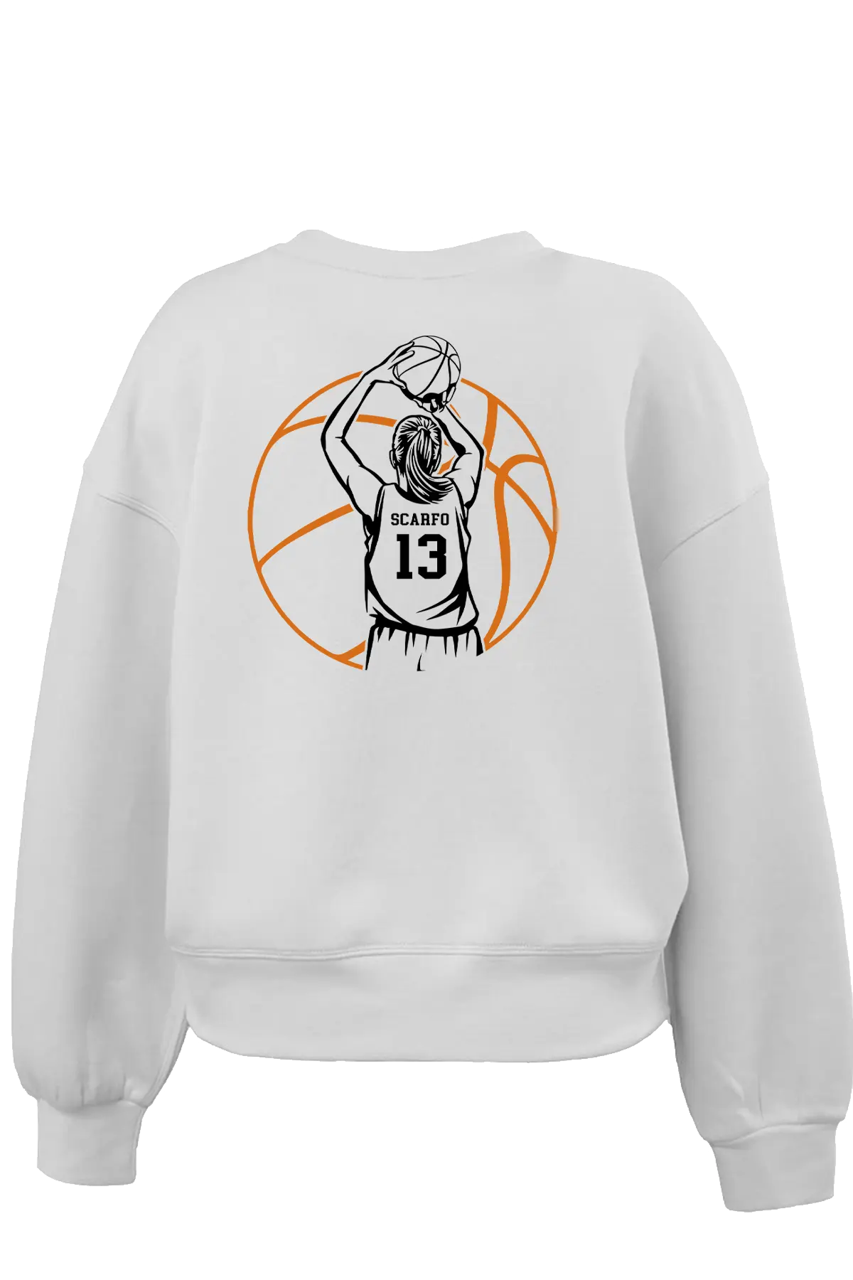 White sweatshirt with a basketball player graphic on the back against a white background. Paper Street Print Co, Blairstown, NJ.