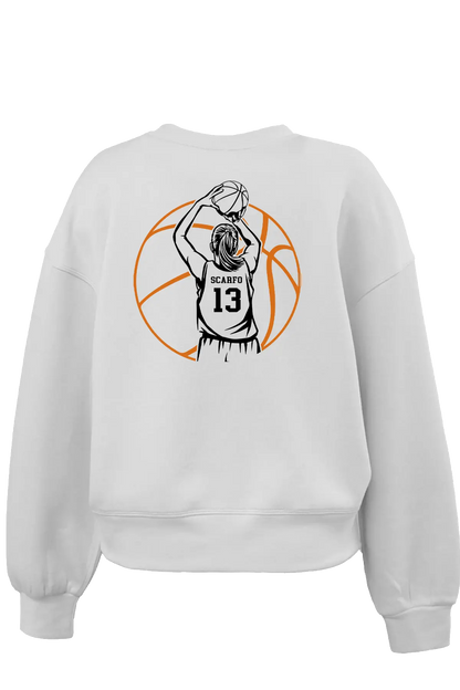 White sweatshirt with a basketball player graphic on the back against a white background. Paper Street Print Co, Blairstown, NJ.