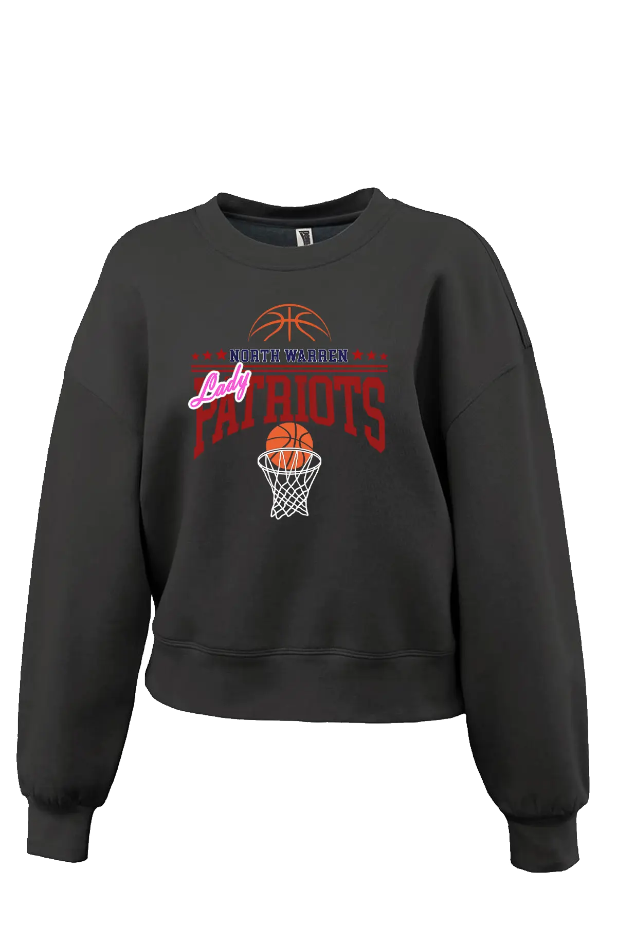 Black sweatshirt with sports-themed design on a white background. Paper Street Print Co, Blairstown, NJ.