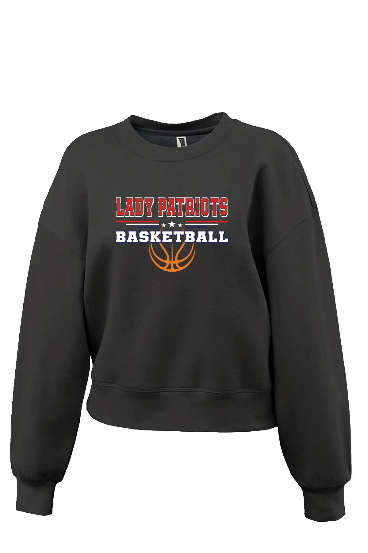 Black sweatshirt with 'LADY PATRIOTS BASKETBALL' text and basketball graphic on a white background. Paper Street Print Co, Blairstown, NJ.