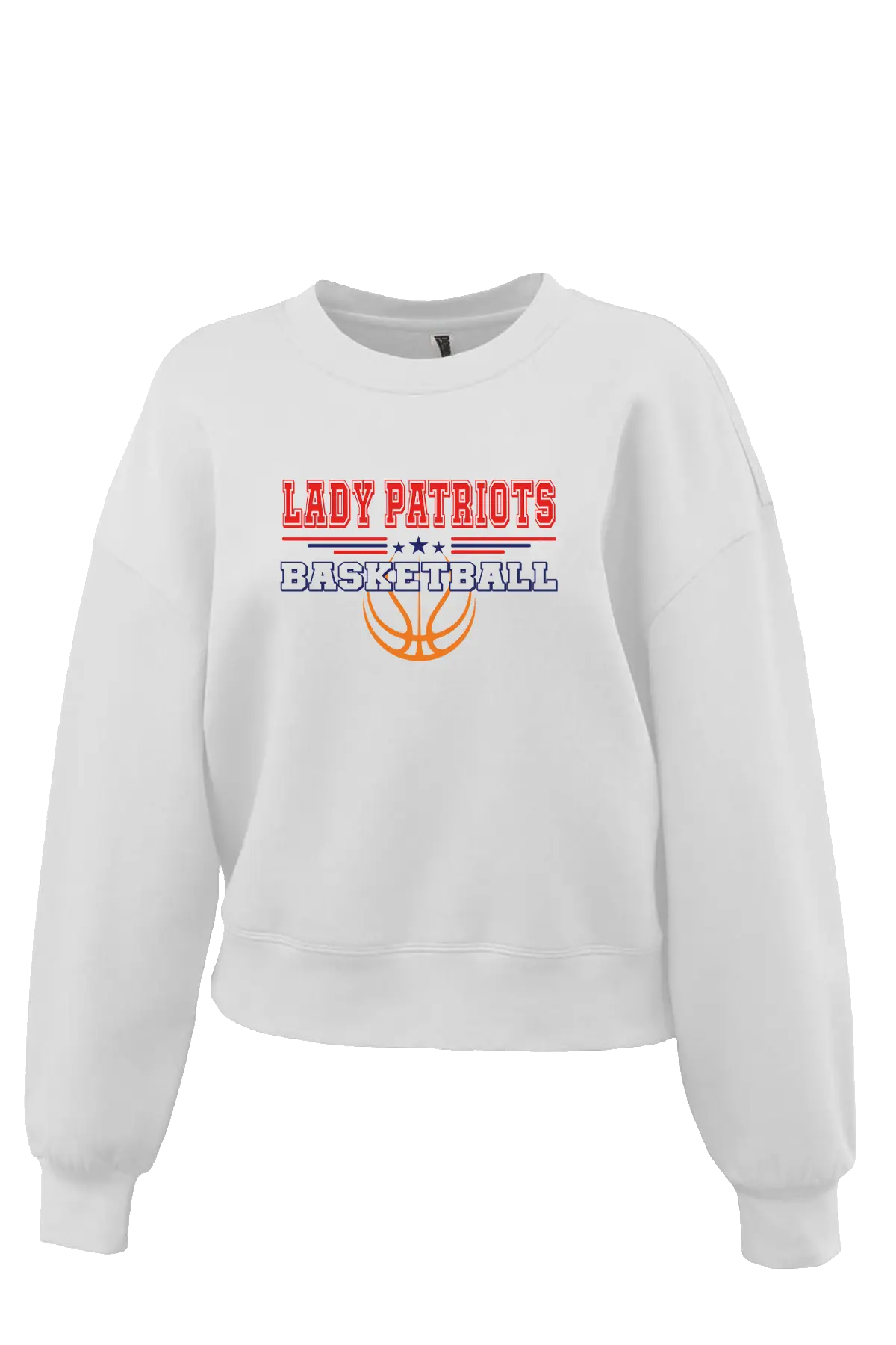 White sweatshirt with 'Lady Patriots Basketball' text and logo on a white background. Paper Street Print Co, Blairstown, NJ.