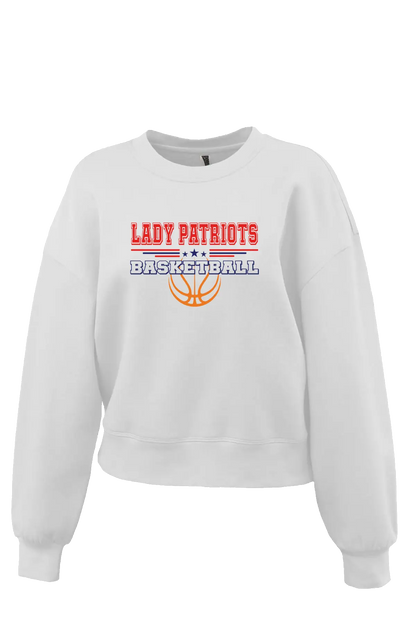White sweatshirt with 'Lady Patriots Basketball' text and logo on a white background. Paper Street Print Co, Blairstown, NJ.