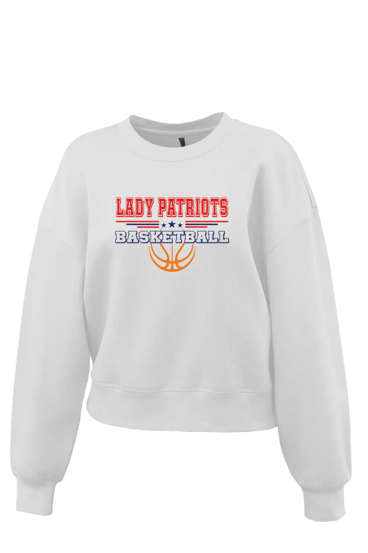 White sweatshirt with 'Lady Patriots Basketball' text and logo on a white background. Paper Street Print Co, Blairstown, NJ.