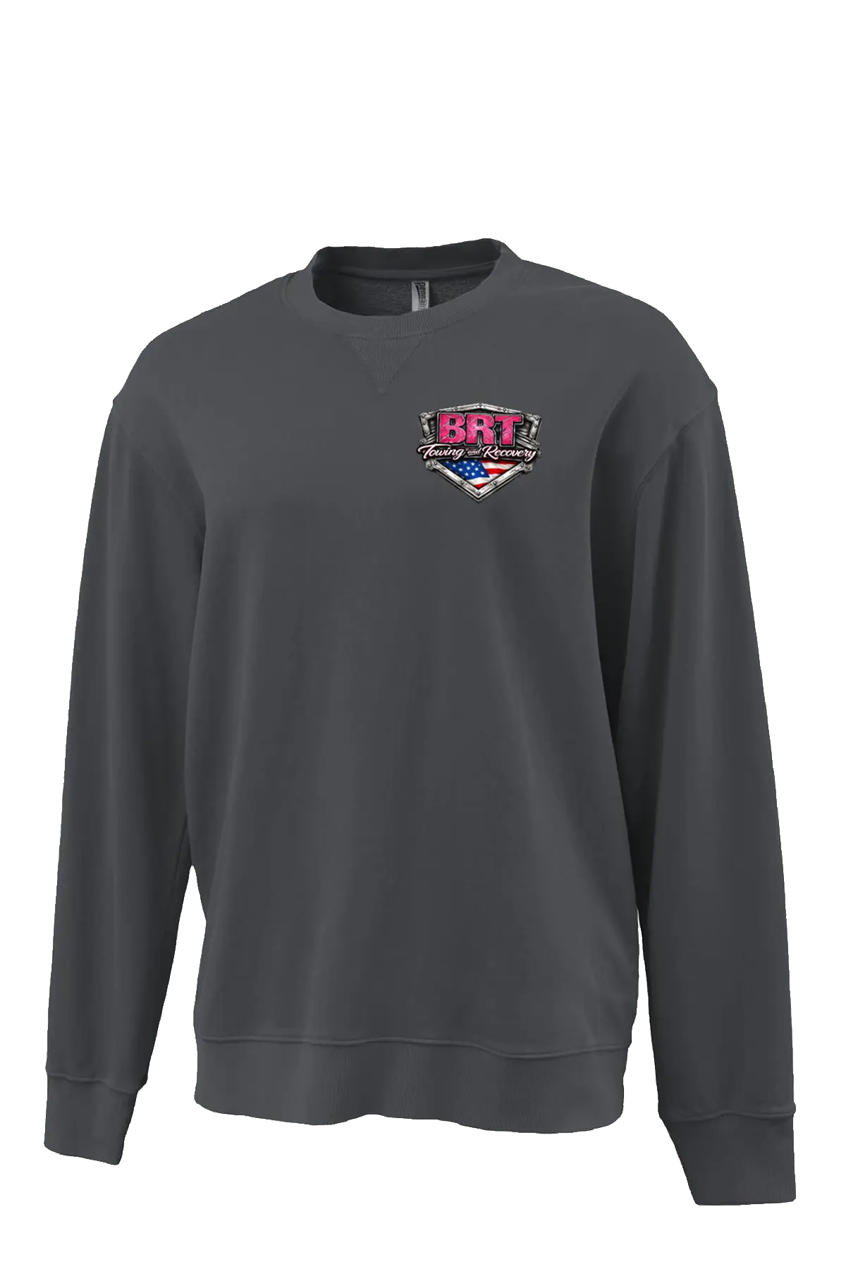 Gray sweatshirt with a logo on the chest against a white background. BRT Towing & Recovery, Paper Street Print Co, Blairstown, NJ.