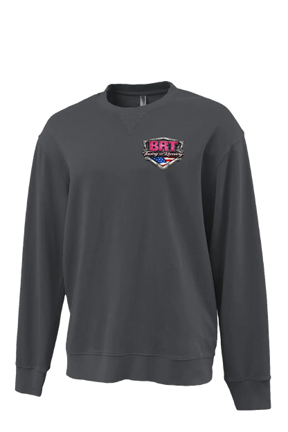 Gray sweatshirt with a logo on the chest against a white background. BRT Towing & Recovery, Paper Street Print Co, Blairstown, NJ.