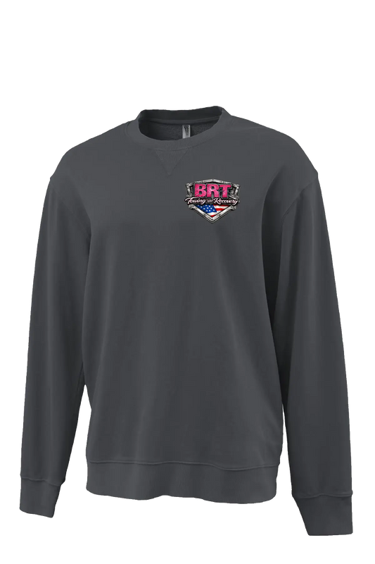 Gray sweatshirt with a logo on the chest against a white background. BRT Towing & Recovery, Paper Street Print Co, Blairstown, NJ.
