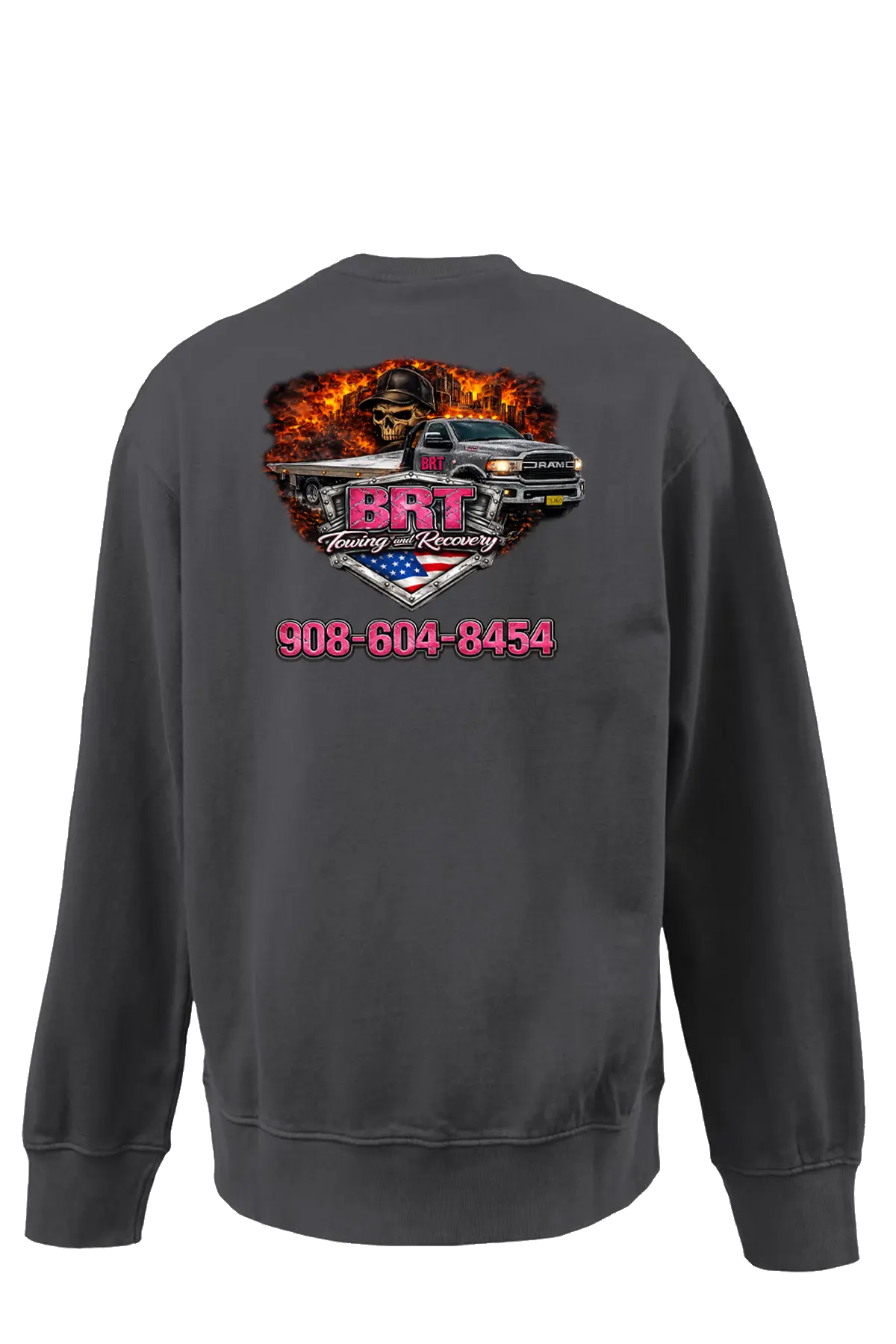 Black sweatshirt with a graphic design on the back featuring a truck, flames, and contact information. BRT Towing and Recovery, Paper Street Print Co, Blairstown, NJ.