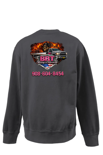 Black sweatshirt with a graphic design on the back featuring a truck, flames, and contact information. BRT Towing and Recovery, Paper Street Print Co, Blairstown, NJ.