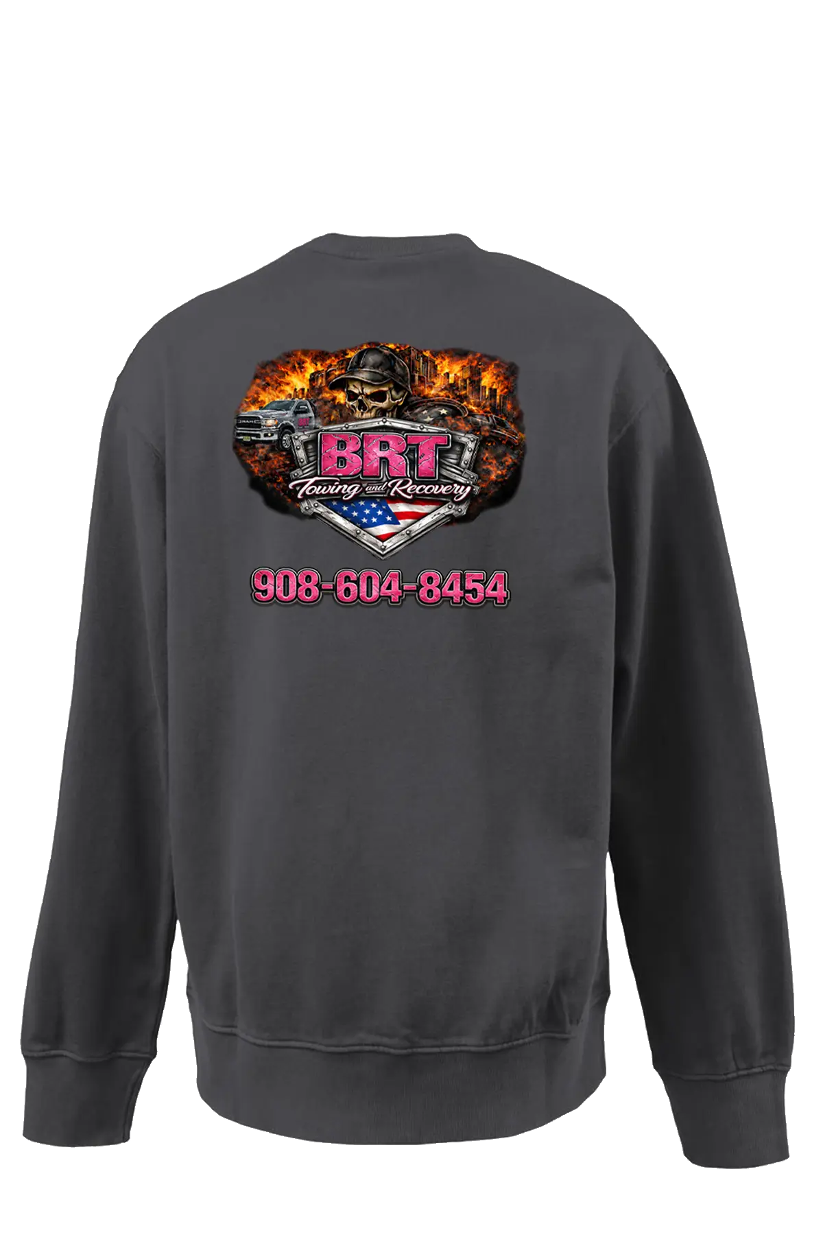 Black sweatshirt with a colorful graphic and text on the back against a white background. BRT Towing and Recovery, Paper Street Print Co, Blairstown, NJ.