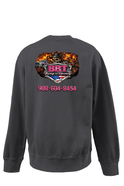 Black sweatshirt with a colorful graphic and text on the back against a white background. BRT Towing and Recovery, Paper Street Print Co, Blairstown, NJ.
