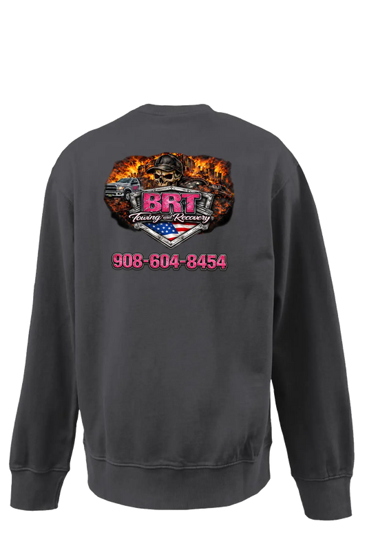 Black sweatshirt with a colorful graphic and text on the back against a white background. BRT Towing and Recovery, Paper Street Print Co, Blairstown, NJ.