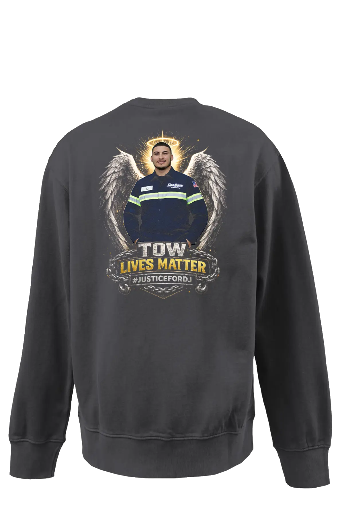 Black sweatshirt with graphic design on the back featuring a person in a uniform and text 'TOW LIVES MATTER'. #JUSTICEFORDJ - Paper Street Print Co, Blairstown, NJ.