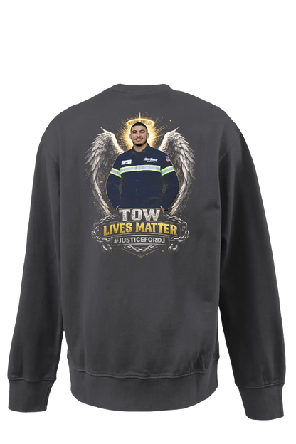 Black sweatshirt with graphic design on the back featuring a person in a uniform and text 'TOW LIVES MATTER'. #JUSTICEFORDJ - Paper Street Print Co, Blairstown, NJ.