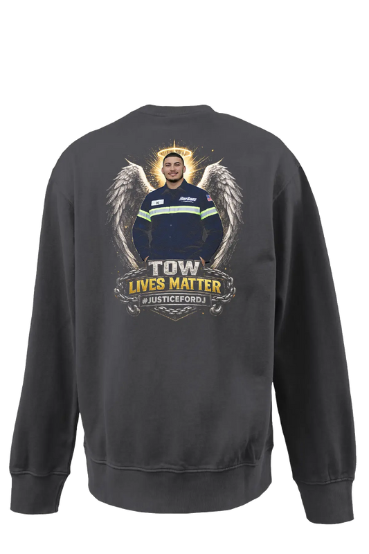 Black sweatshirt with graphic design on the back featuring a person in a uniform and text 'TOW LIVES MATTER'. #JUSTICEFORDJ - Paper Street Print Co, Blairstown, NJ.