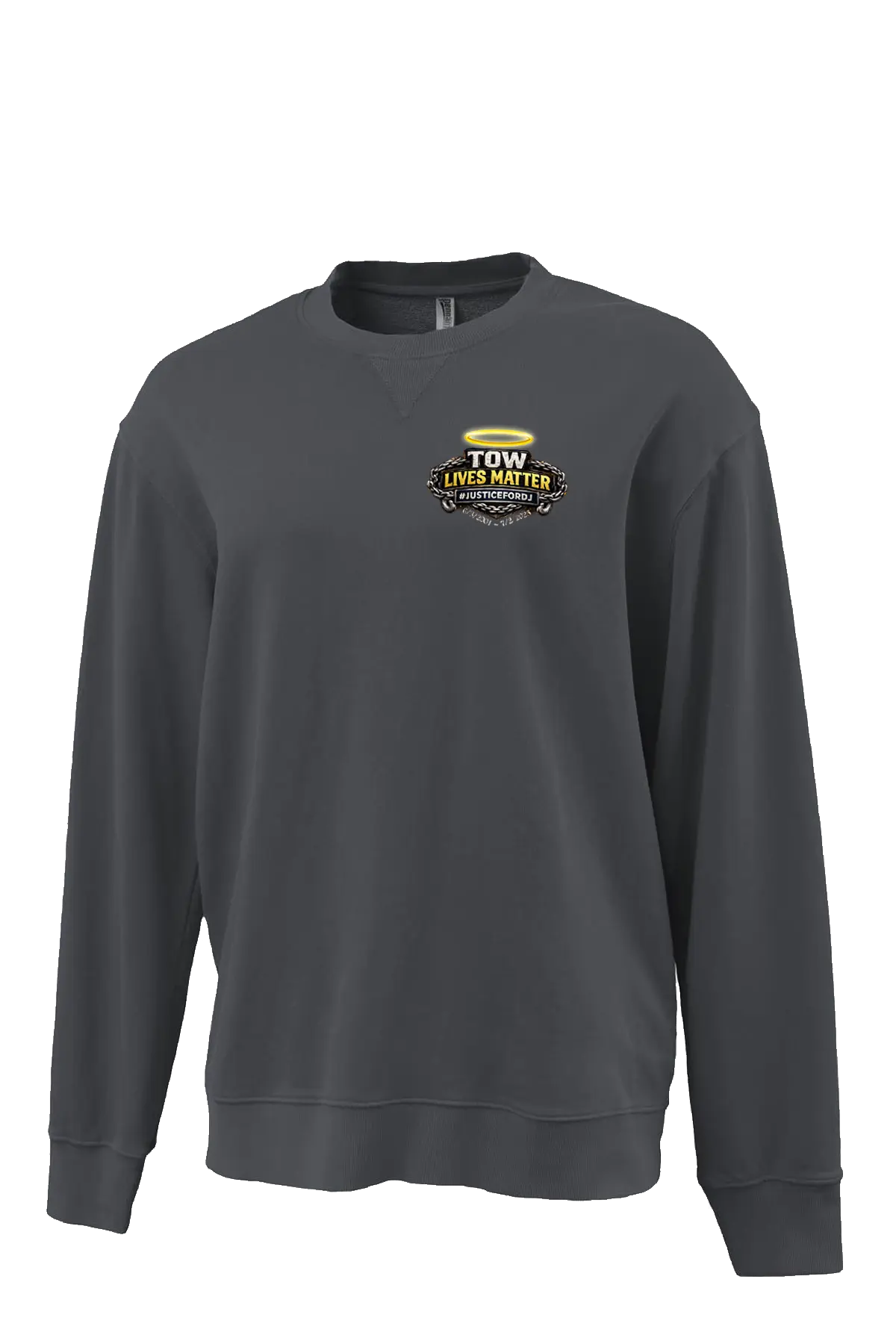 Gray sweatshirt with a logo on the chest against a white background. #JUSTICEFORDJ - Paper Street Print Co, Blairstown, NJ.