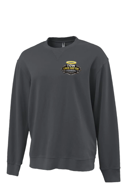 Gray sweatshirt with a logo on the chest against a white background. #JUSTICEFORDJ - Paper Street Print Co, Blairstown, NJ.