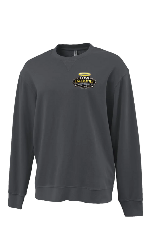 Gray sweatshirt with a logo on the chest against a white background. #JUSTICEFORDJ - Paper Street Print Co, Blairstown, NJ.