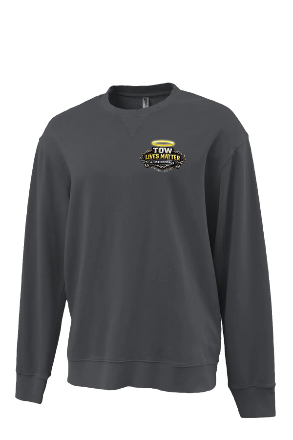Gray sweatshirt with a logo on the chest against a white background. #JUSTICEFORDJ - Paper Street Print Co, Blairstown, NJ.