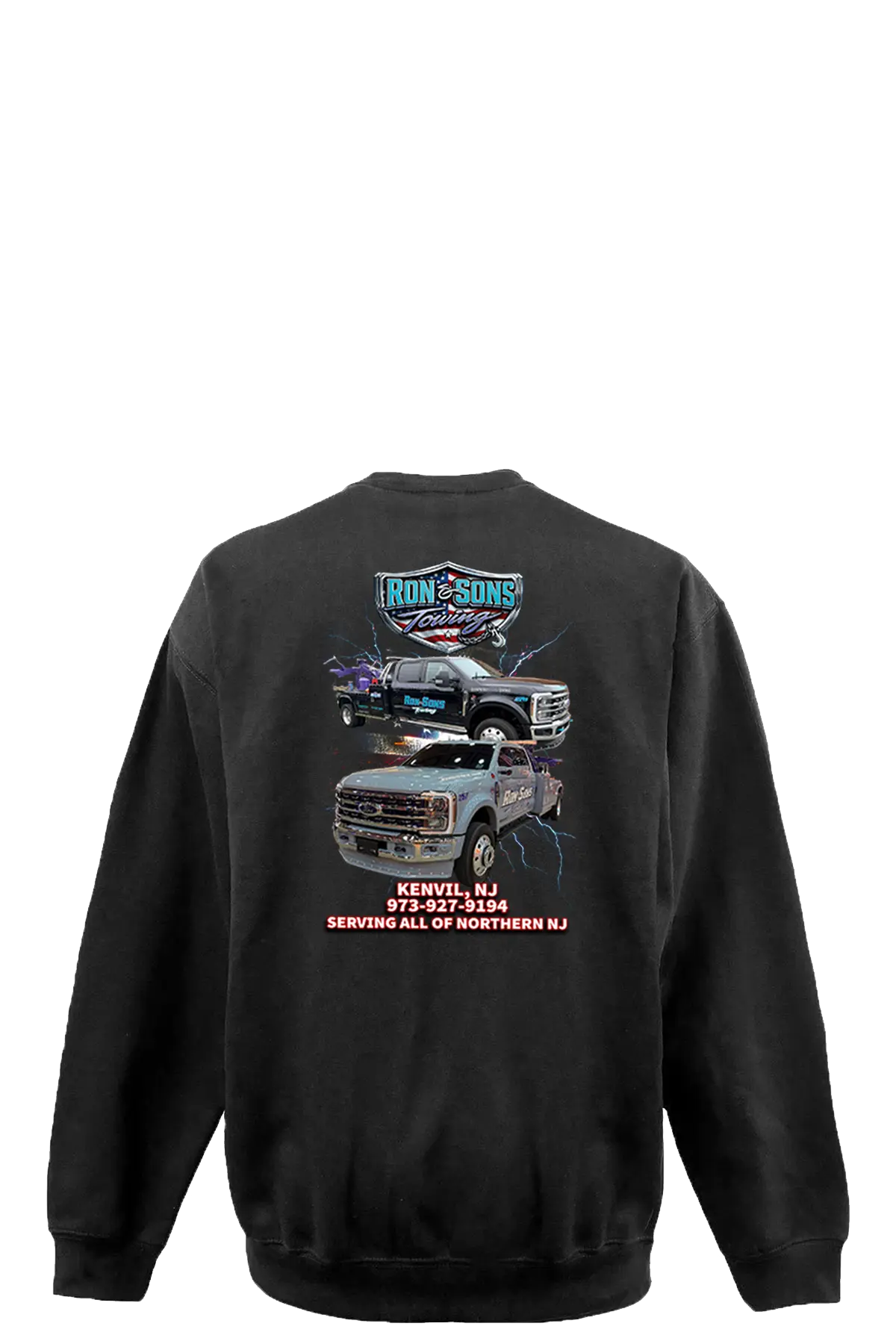 Black sweatshirt with truck graphics and text on the back, displayed against a white background. Ron and Sons Towing, Paper Street Print Co, Blairstown, NJ.