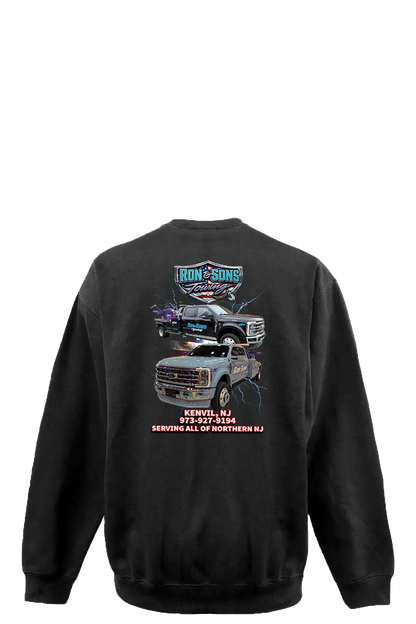 Black sweatshirt with truck graphics and text on the back, displayed against a white background. Ron and Sons Towing, Paper Street Print Co, Blairstown, NJ.