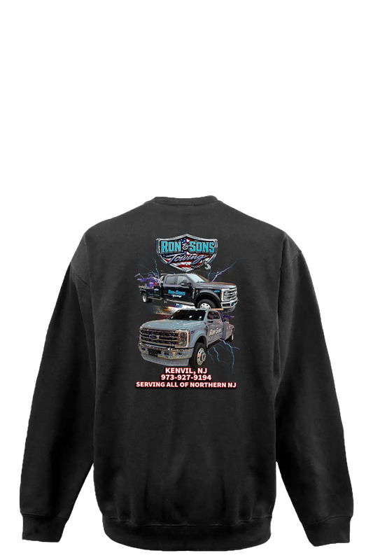 Black sweatshirt with truck graphics and text on the back, displayed against a white background. Ron and Sons Towing, Paper Street Print Co, Blairstown, NJ.