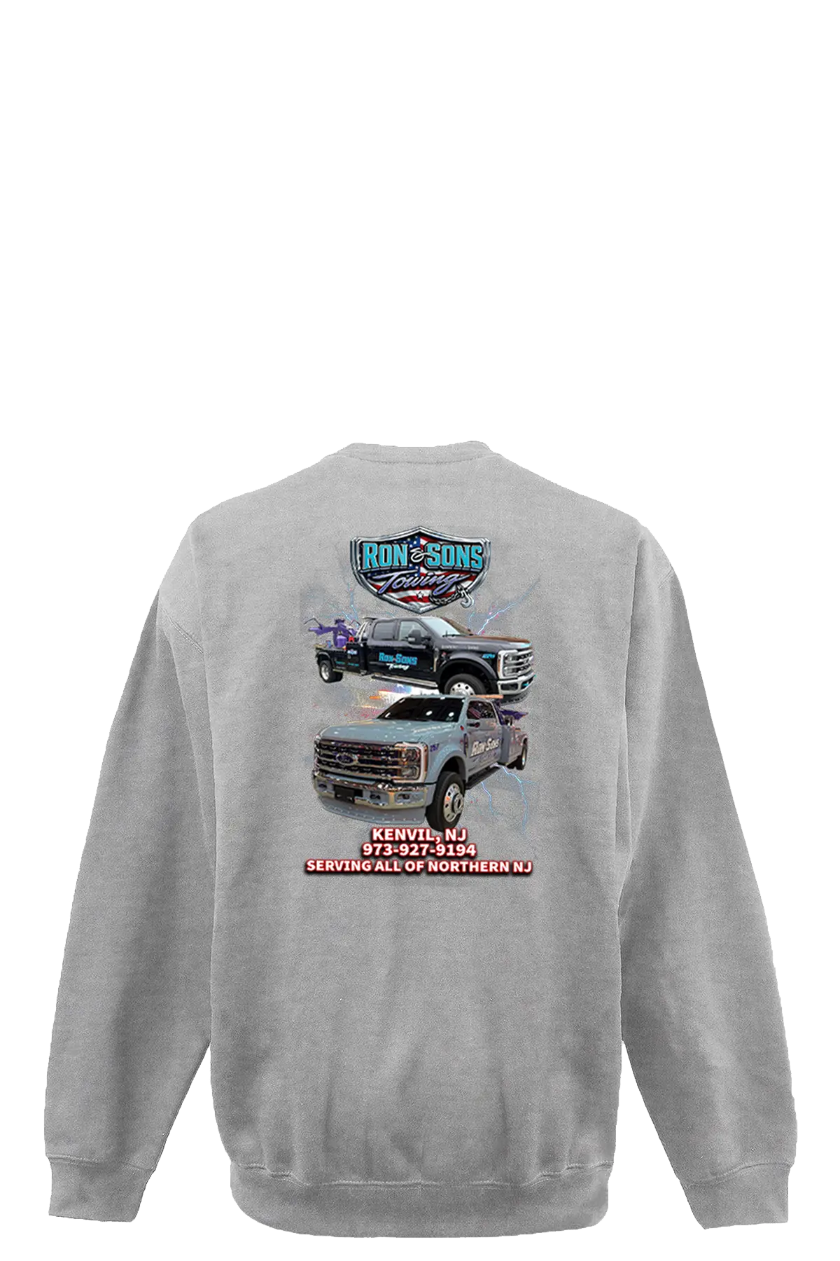 Gray sweatshirt with truck graphics and text on a white background. Ron and Sons Towing, Paper Street Print Co, Blairstown, NJ.