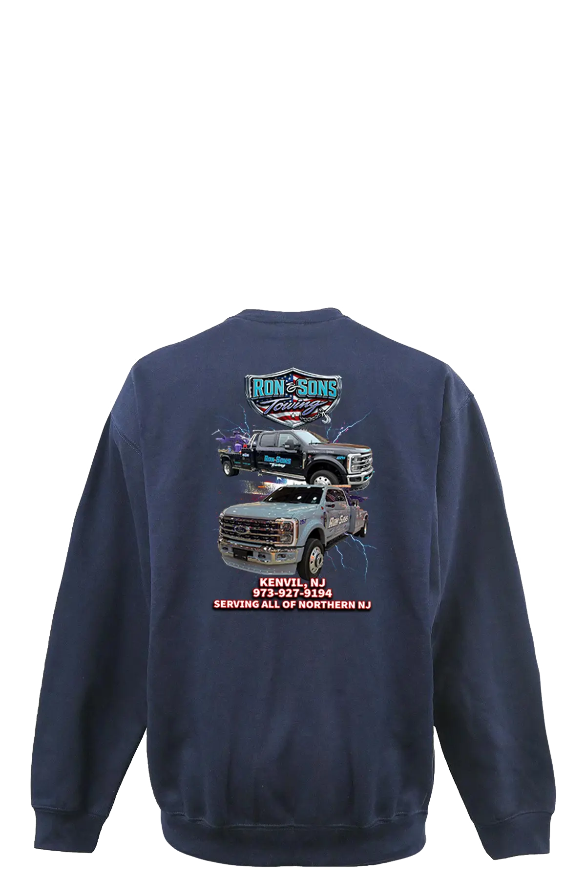 Navy blue sweatshirt with truck graphics and text on a white background. Ron and Sons Towing, Paper Street Print Co, Blairstown, NJ.