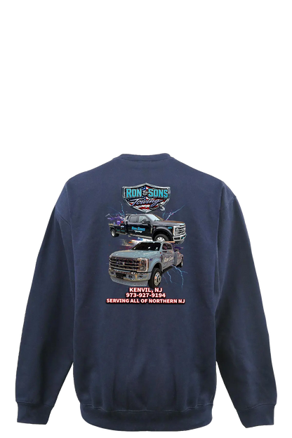 Navy blue sweatshirt with truck graphics and text on a white background. Ron and Sons Towing, Paper Street Print Co, Blairstown, NJ.