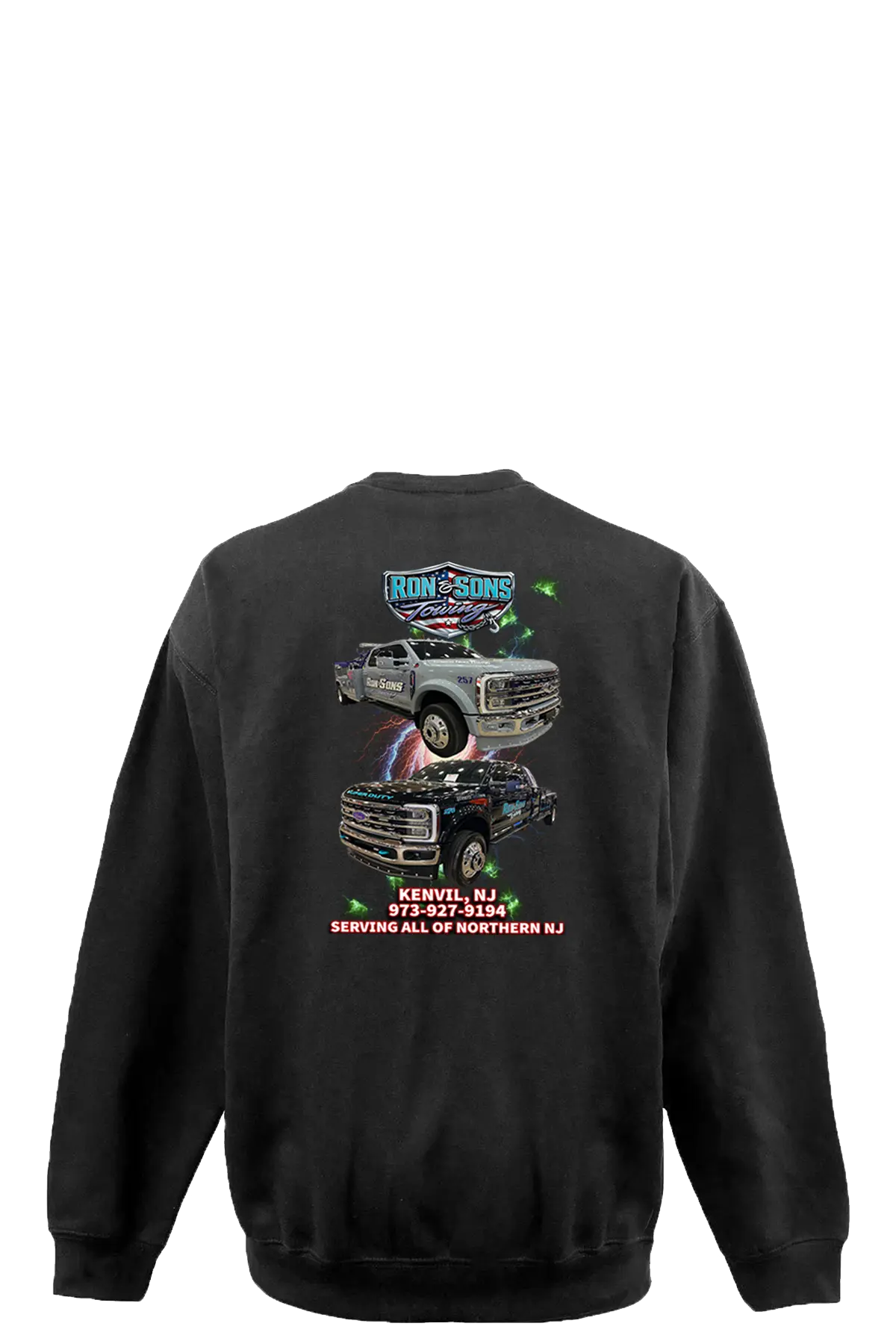 Black sweatshirt with graphics and text on the back, displayed against a white background. Ron and Sons Towing, Paper Street Print Co, Blairstown, NJ.
