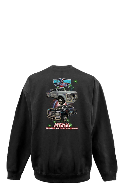 Black sweatshirt with graphics and text on the back, displayed against a white background. Ron and Sons Towing, Paper Street Print Co, Blairstown, NJ.