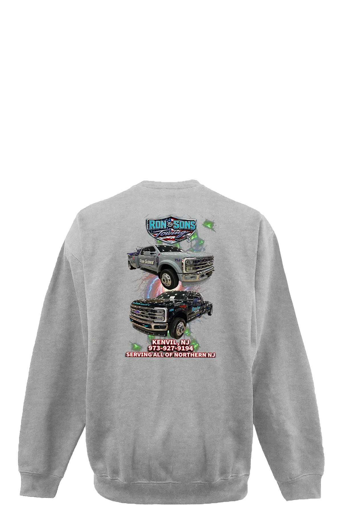 Gray sweatshirt with truck graphics and text on the back against a white background. Ron and Sons Towing, Paper Street Print Co, Blairstown, NJ.