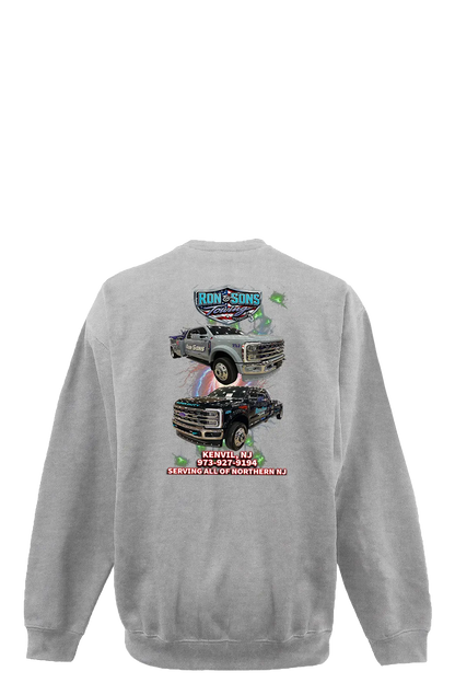 Gray sweatshirt with truck graphics and text on the back against a white background. Ron and Sons Towing, Paper Street Print Co, Blairstown, NJ.