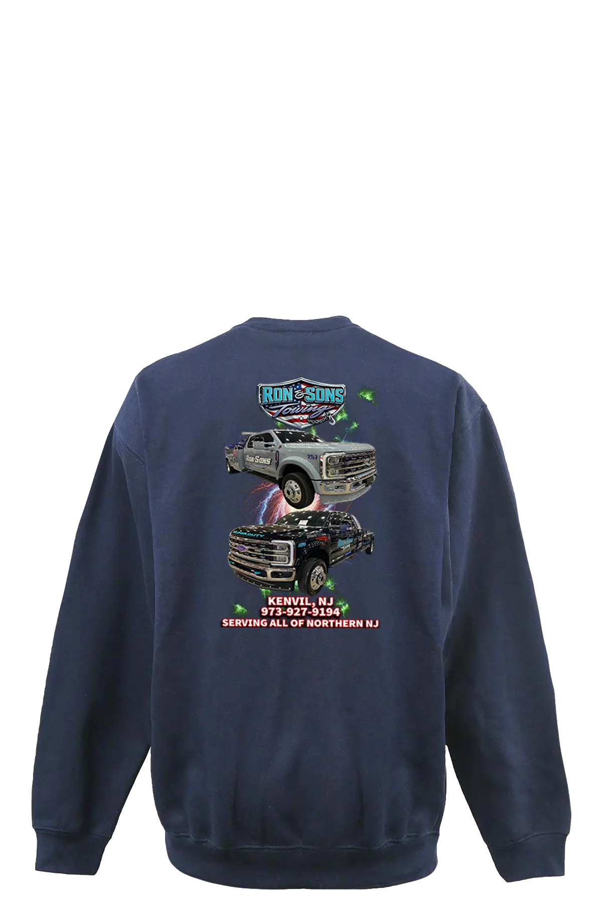 Navy blue sweatshirt with graphic design on the back featuring two trucks and text. Ron and Sons Towing, Paper Street Print Co, Blairstown, NJ.