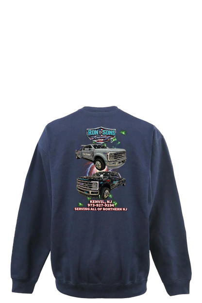 Navy blue sweatshirt with graphic design on the back featuring two trucks and text. Ron and Sons Towing, Paper Street Print Co, Blairstown, NJ.