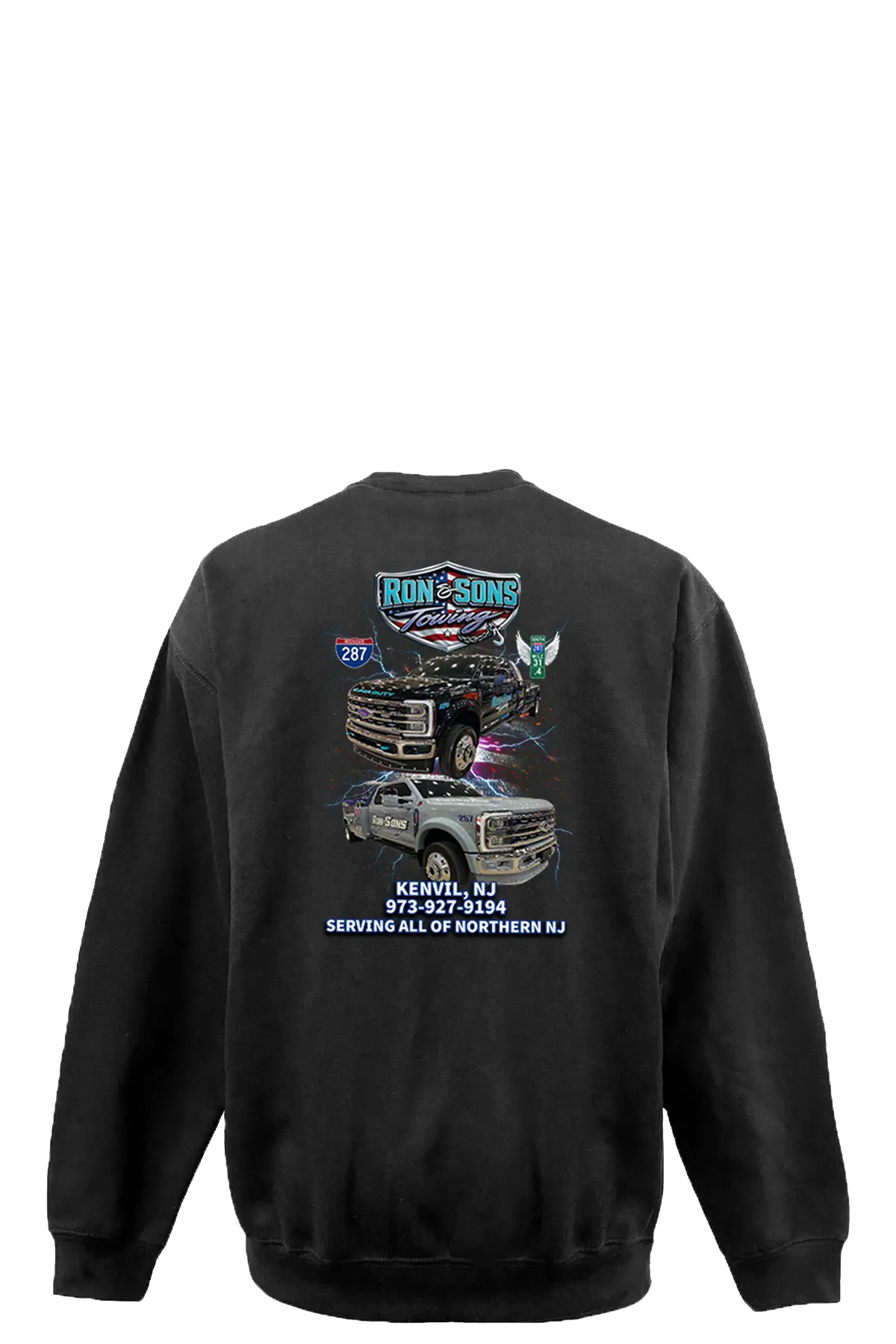 Black sweatshirt with graphics and text on the back, displayed against a white background. Ron and Sons Towing, Paper Street Print Co, Blairstown, NJ.
