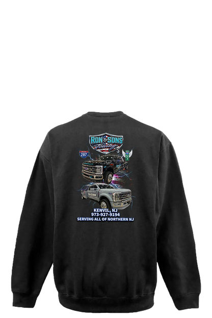 Black sweatshirt with graphics and text on the back, displayed against a white background. Ron and Sons Towing, Paper Street Print Co, Blairstown, NJ.