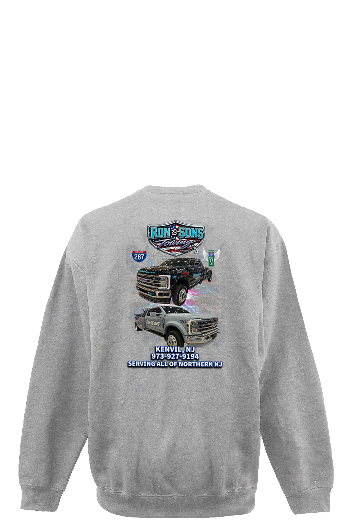 Gray sweatshirt with truck graphics and text on the back against a white background. Ron and Sons Towing, Paper Street Print Co, Blairstown, NJ.