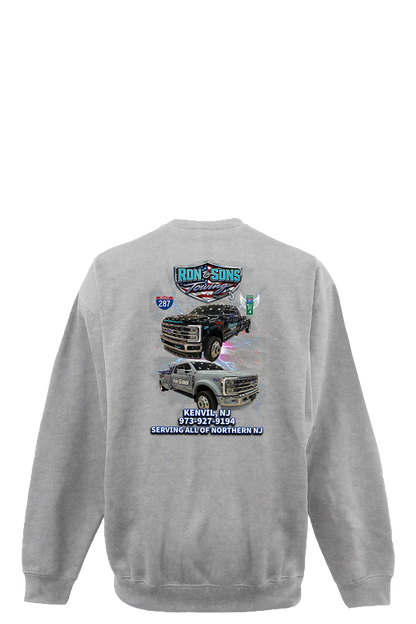 Gray sweatshirt with truck graphics and text on the back against a white background. Ron and Sons Towing, Paper Street Print Co, Blairstown, NJ.